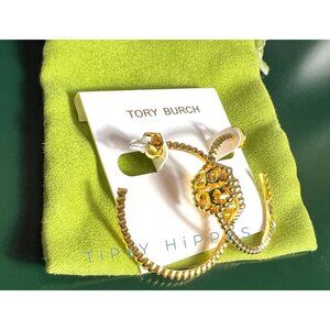 Tory Burch Gold Hexagon Logo Hoop Earrings